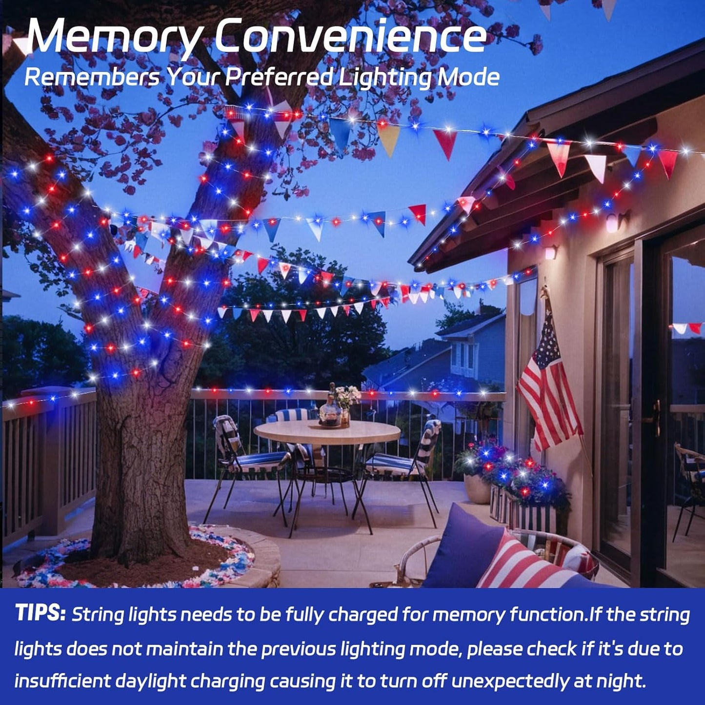 Red White and Blue Solar Fairy Lights, Memorial Day Lights Waterproof Outdoor 39.4ft 120LED 8 Modes Memory Function Independence Day Memorial Day Decorations, CS-SL-5M