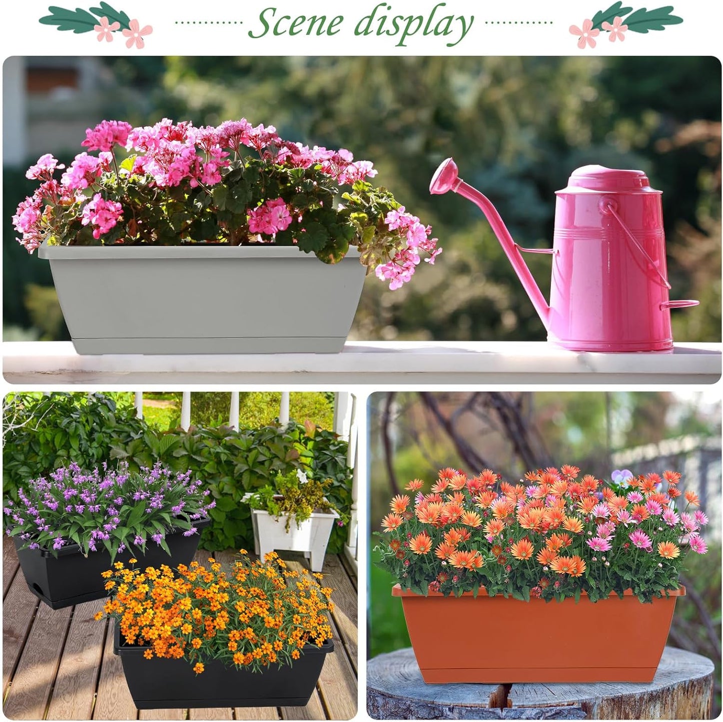 12Pcs 17Inches Rectangle Planter Box with Drainage Holes and Trays Plastic Planters Flower Boxes Pots for Indoor Outdoor Plants Patio Garden Home Decor Porch Yard (Black)