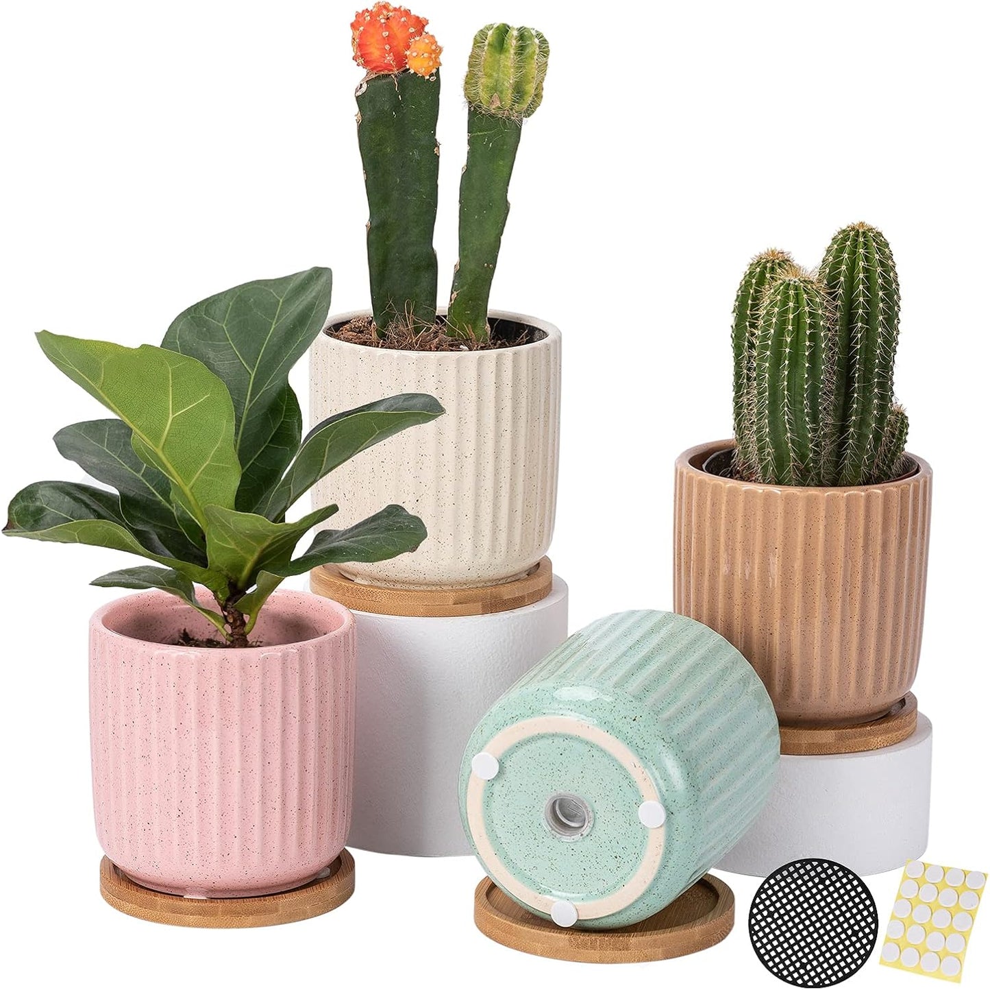 OMAYKEY 4 Inch Ceramic Plant Pot with Saucer, Adorable Stripe Multicolor Small Planters Pots with Drainage Hole & Mesh Pads for Succulent, Snake Plants, Cactus, Herbs - Set of 4