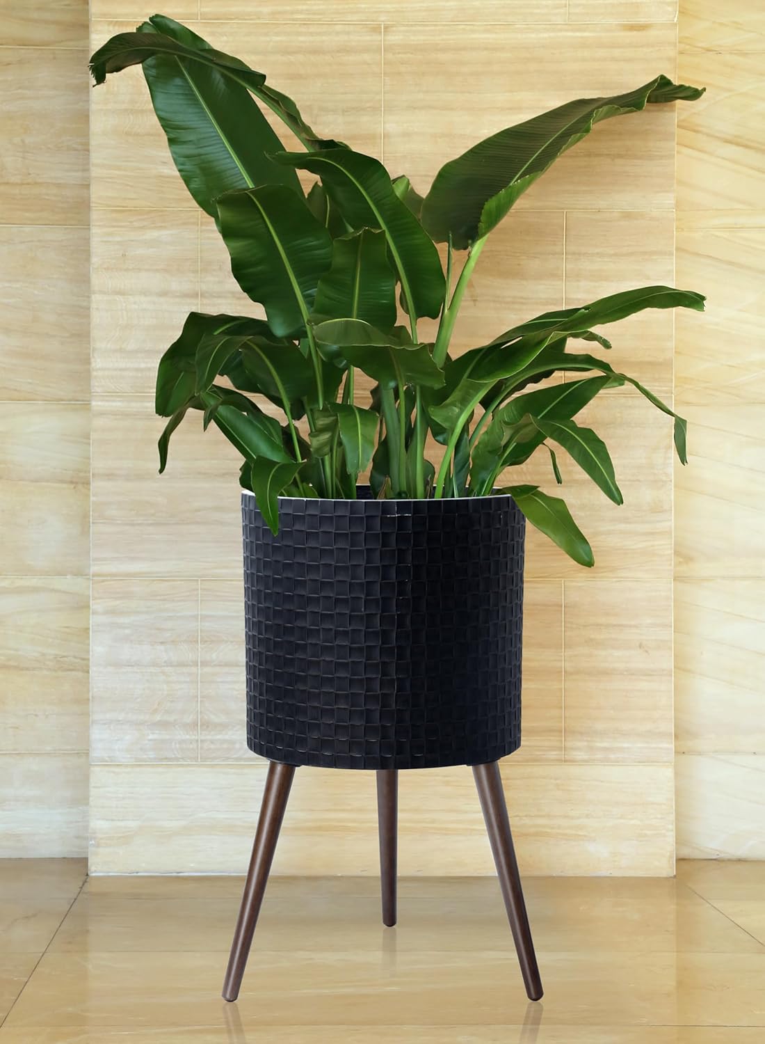 D'vine Dev 16 Inch Modern Geometric Tile Patterned Sleek Planter Pot with Stand, Indoor Outdoor Decorative Plant Holder, Distressed Black, 88-Z-E-5