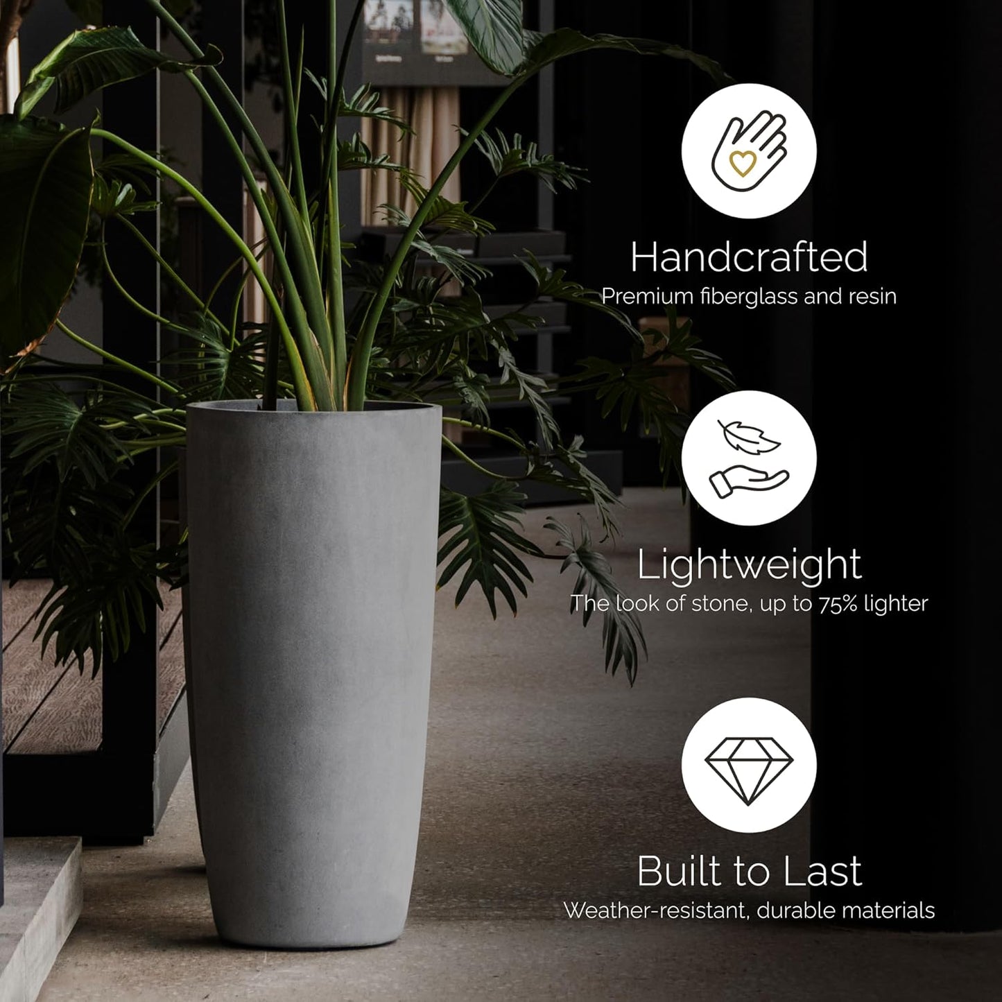 Lofto Tall Planter – Concrete Stone Finish – Fiberglass Indoor/Outdoor and Weather-Resistant Large Planter (19.7" D x 43.7" H Exterior, 18.5" D x 43.3" H Interior)