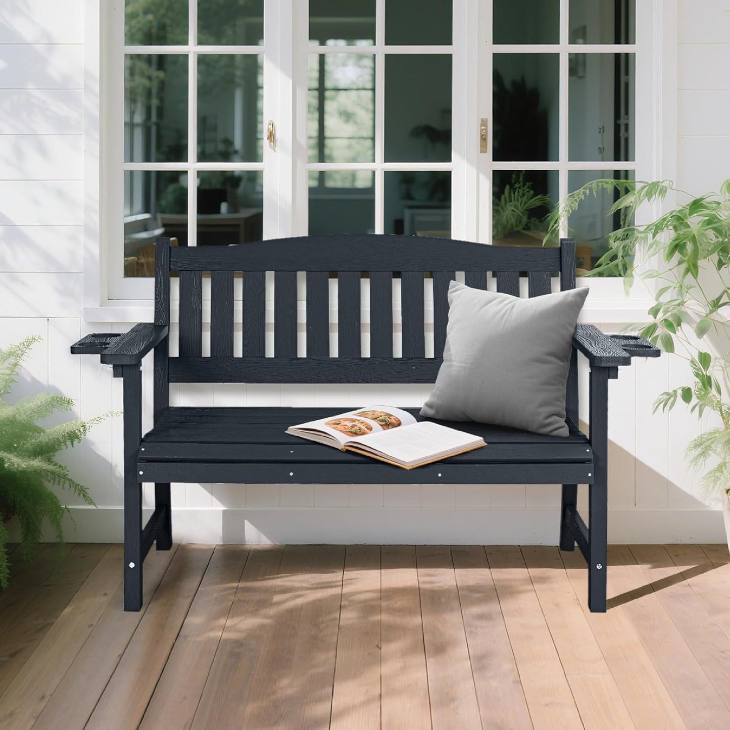 2-Person HIPS Outdoor Bench, Weatherproof Garden Bench with 800 lbs Weight Capacity, Artificial Wood Grains, Never Rot or Fade, Patio Benches for Garden, Porch, Balcony, Backyard,Park, Black