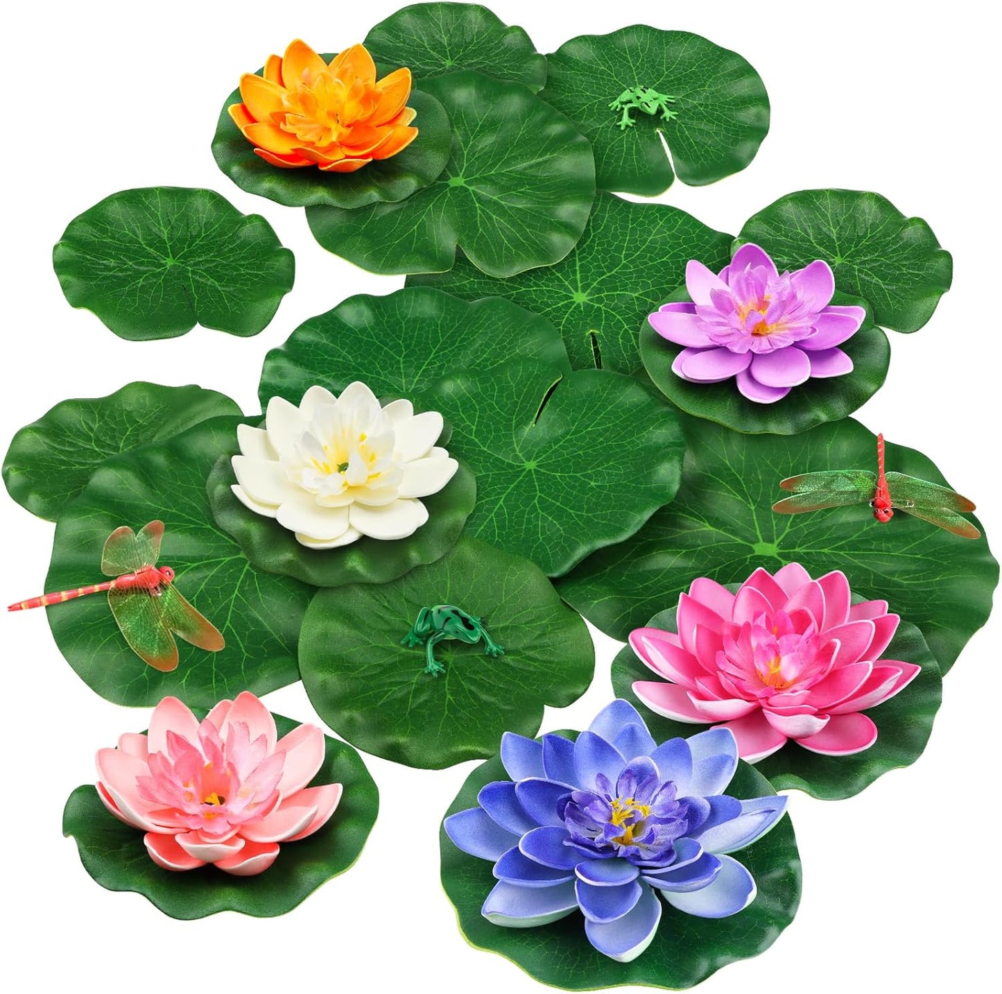 22 Pack Artificial Floating Foam Lotus Flowers with Artificial Frog Lotus Leaves, Lily Pads for Lake, Pond Plants Ornaments for Pool Water Decoration, Colorful