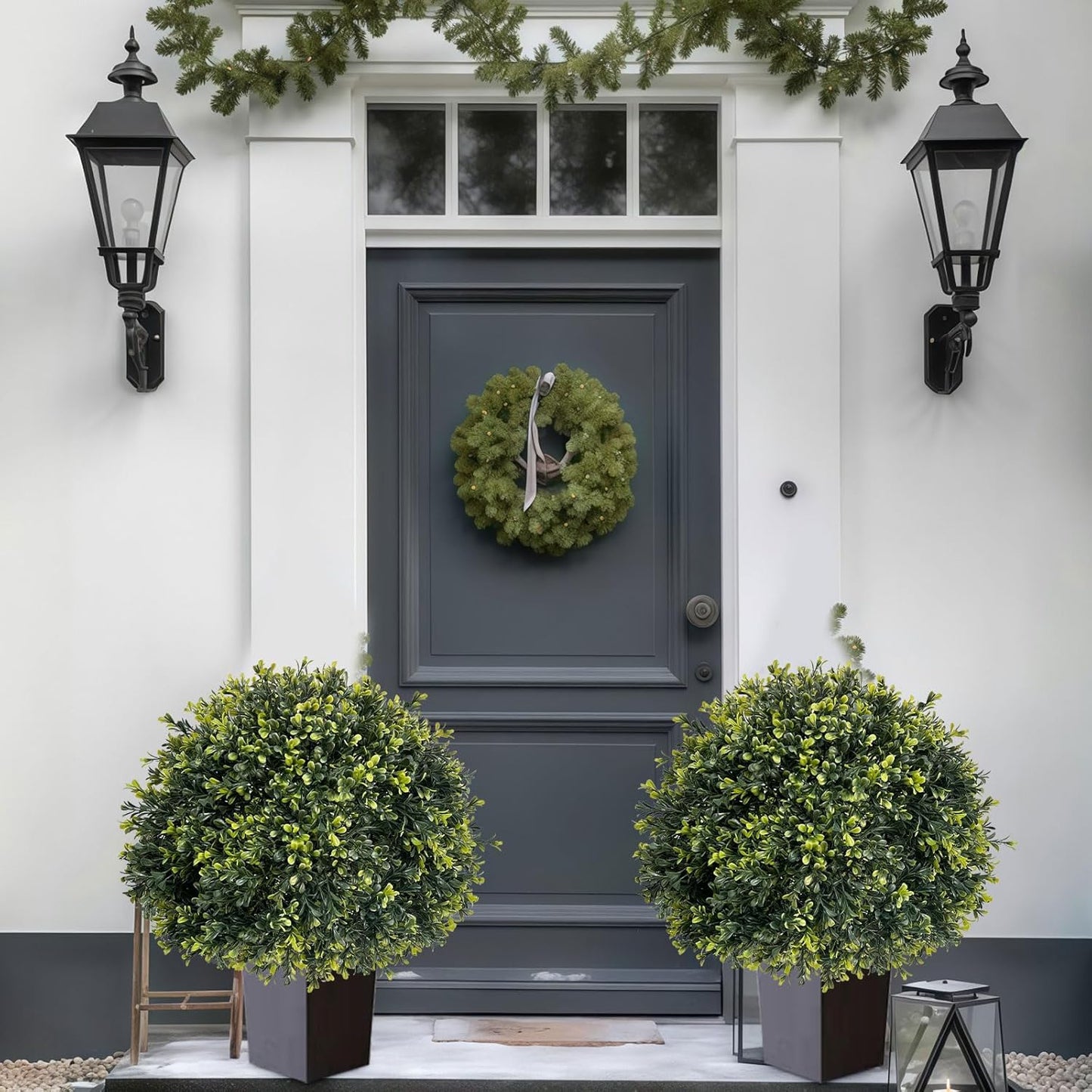 ICX 2 Pack 24" Artificial Boxwood Topiary Ball Trees with Ground Spike,Artificial Plants Outdoor,Fake Bushes & Shrubs for Porch, Garden, Front Porch Decor - Indoor/Outdoor Faux Plants