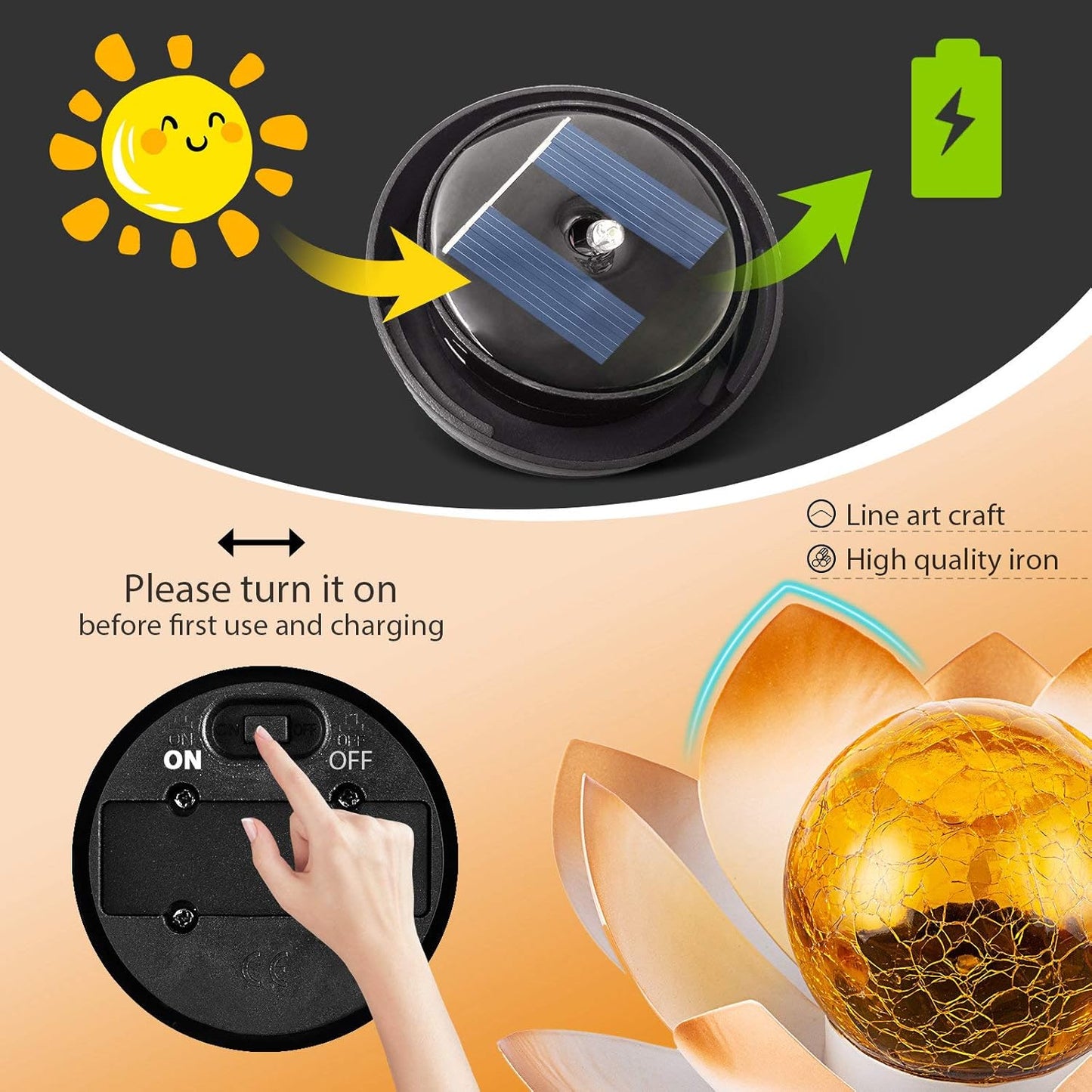 Huaxu Solar Lights Outdoor Garden Decorative Art Metal Lotus Cracked Glass Ball Waterproof Decorations for Pathway Lawn Patio Yard Ground Tabletop Gifts