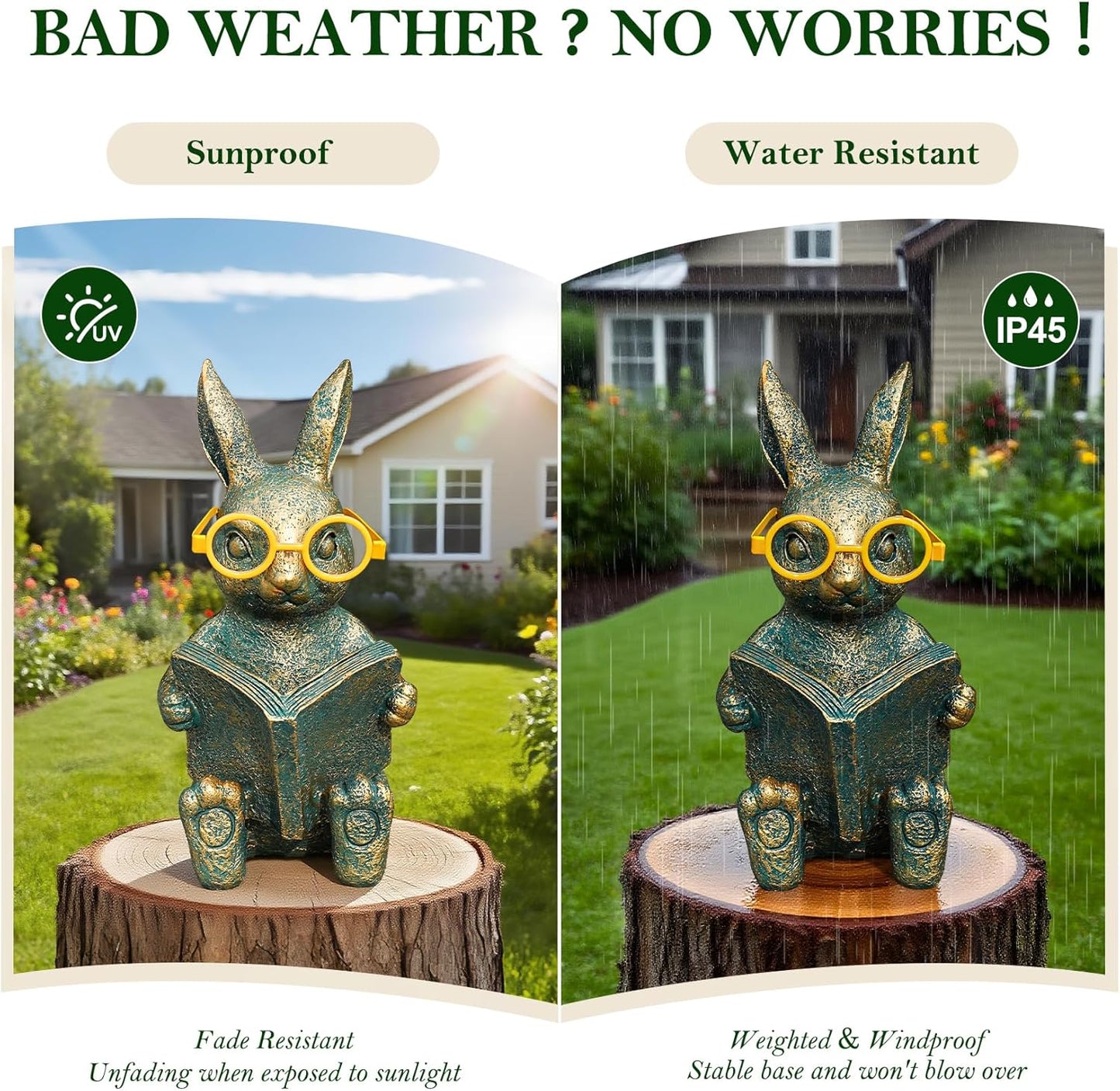 Solar Garden Decor, Adorable Rabbit Statue with Solar-Powered Glasses, Outdoor Bunny Figurine Lights for Patio, Yard & Balcony, for Kids, Mom & Grandma