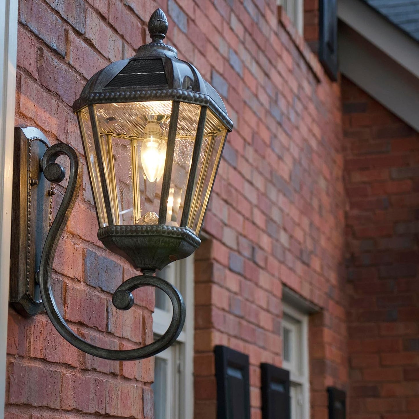 Gama Sonic Solar Outdoor Wall Light, Royal Bulb Exterior Sconce Lamp, Weathered Bronze Finish Aluminum, Rain Water Glass, Warm White LED with Omni-Direction Reflector, 98B310 Upgraded Panel & Battery