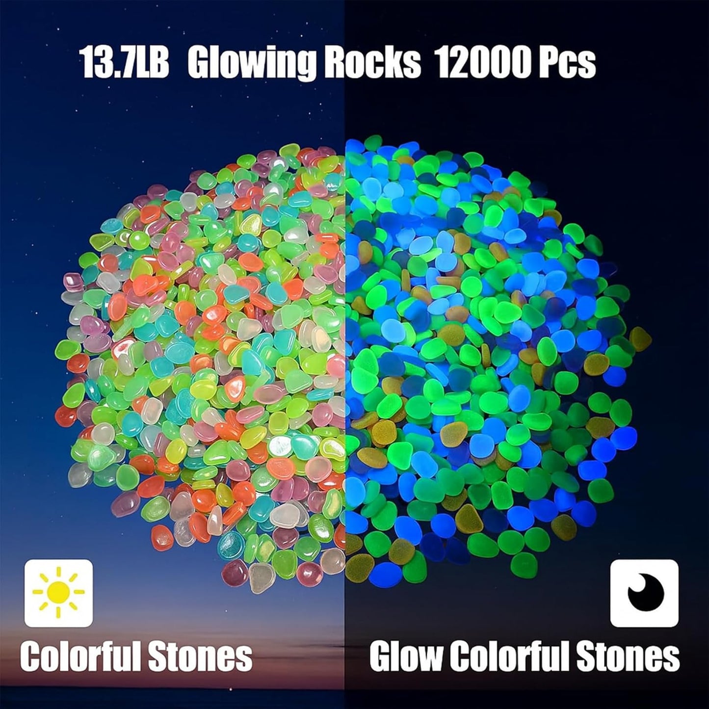 12000 PCS Glow in The Dark Rocks – Plastic Resin Glow Rocks for Landscaping, Garden Pebbles & Stones for Aquarium and Outdoor Decor(Colorful)