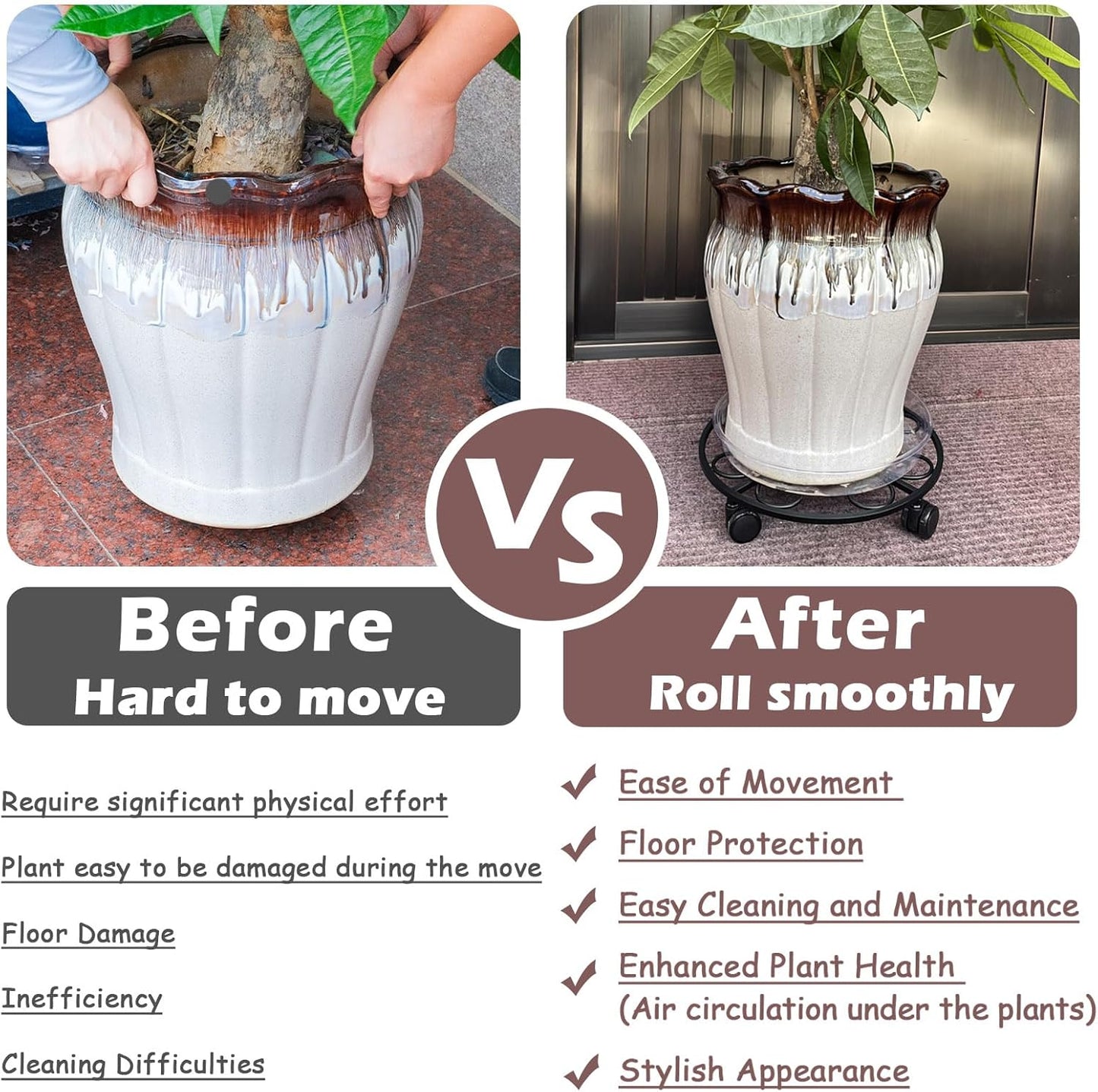 12" Metal Plant Caddy with Wheels 5 Packs Rolling Plant Stands Indoor Wheeled Plant Dolly Heavy-duty Pot Mover Roller Base Outdoor Plant Trolley Cart with Brake Casters Water-proof Dust-proof, Black