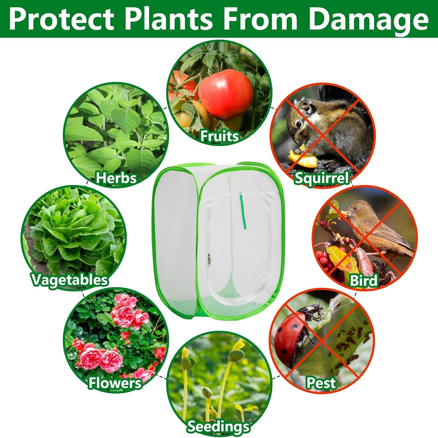 16" x 16" x 24" Pop Up Garden Mesh Plant Cover, Plant Protectors Mesh Plant Enclosure, Garden Net Cage Pest Protection Guard Tent with Storage Bag for Protect Plant Vegetable Fruit from Birds Insects