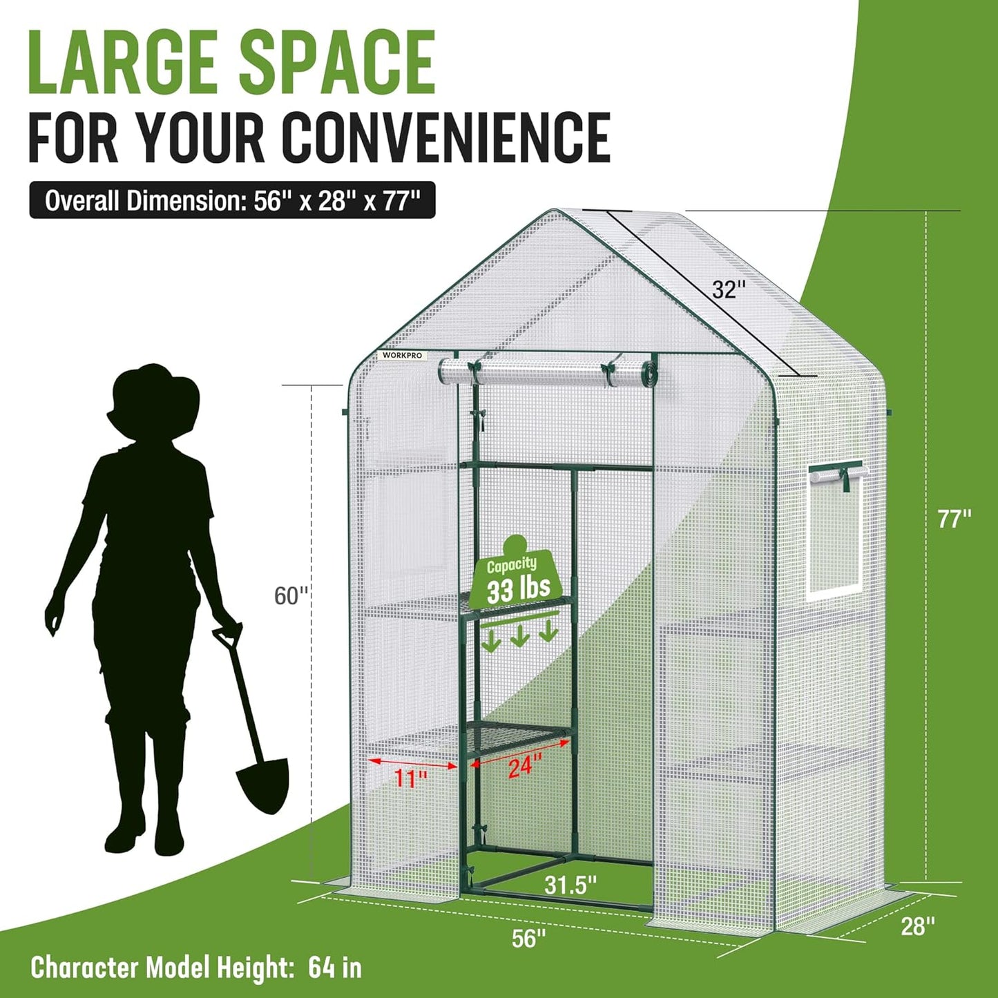 WORKPRO Greenhouse, 56"X 28" X 77" Portable Small Greenhouses for Outdoors & Indoors, Sturdy Green House Kit with Thicken PE Cover, Windows, 3 Tier 4 Shelves for Patio, Backyard, Balcony