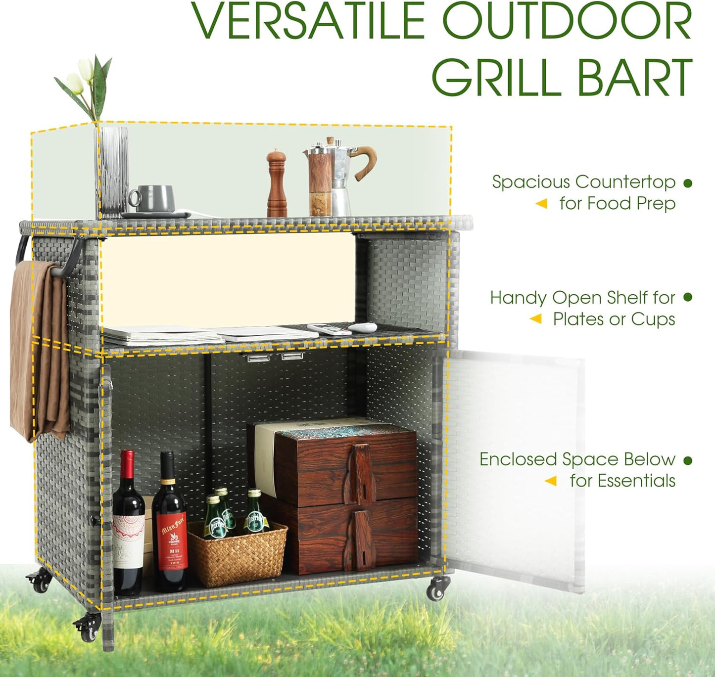 HOMEFUN Outdoor Grill Carts with Storage Cabinet - Outside Bar Cart with Wheels Wicker Patio Kitchen Island Table Weatherproof Prep Stand, Grey