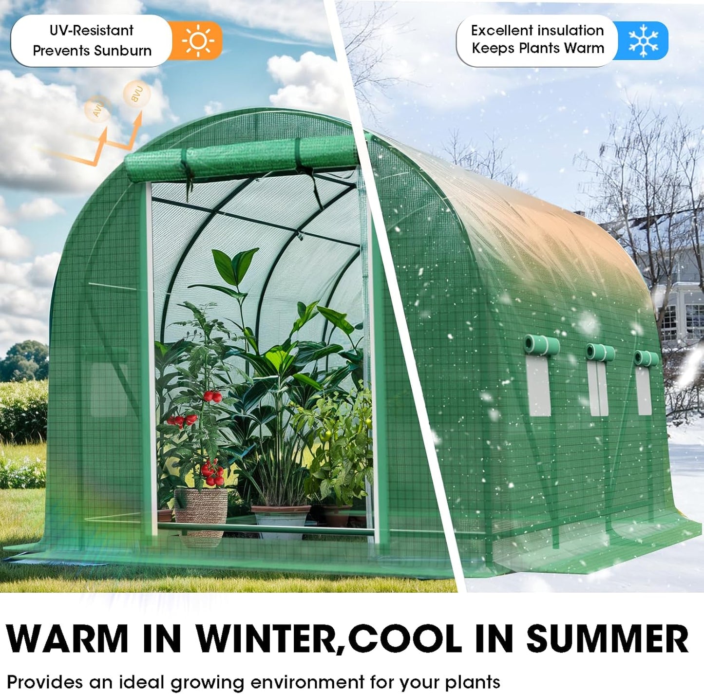 Walk-in Tunnel Greenhouse，Portable Plant Hot Housewith Dual Zippered Screen Doors & 6 Screen Windows Heavy Duty Plastic Plant Warm House with Reinforced Frame (12x7x7 FT)