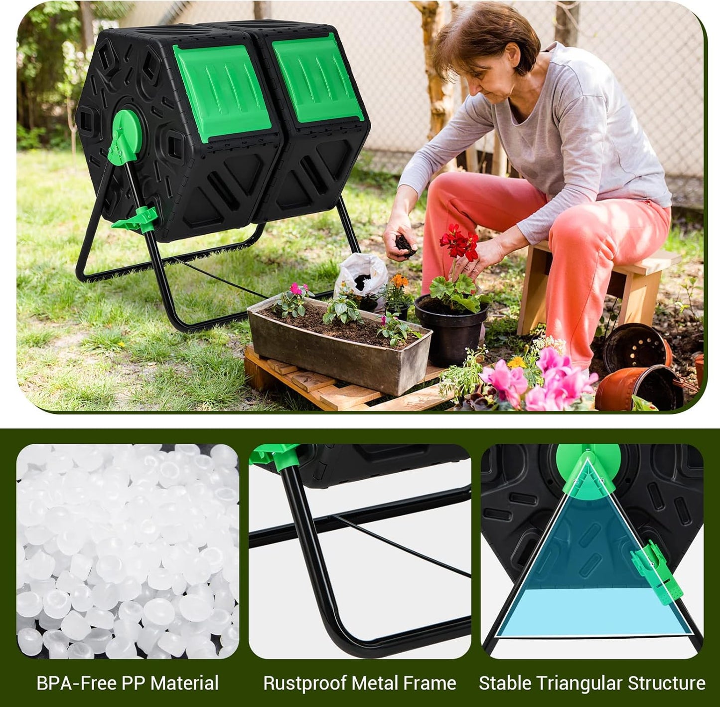 Goplus Compost Bin, Dual Chamber 34.5 Gal Compost Tumbler with 2 Rotating Chambers, Sliding Doors, High-Volume Outdoor Garden Composter, Rotating Composting Bin for Garden Yard, BPA Free