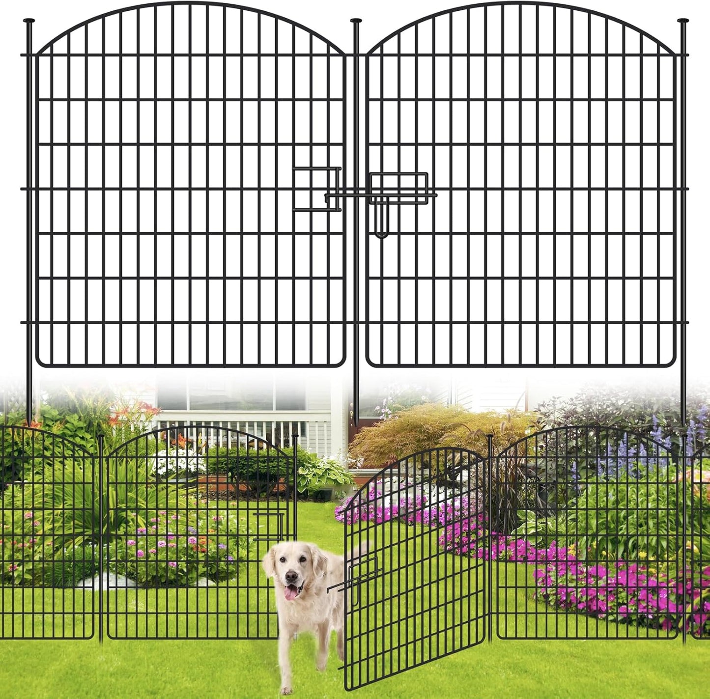 10 Panels No Dig Garden Fence with Gate, 32in x 24.2ft Decorative Dog Fence Outdoor for Yard, Tall Animal Barrier Fencing Rustproof Metal Garden Edging Border, Temporary Fencing for Outdoor, Patio
