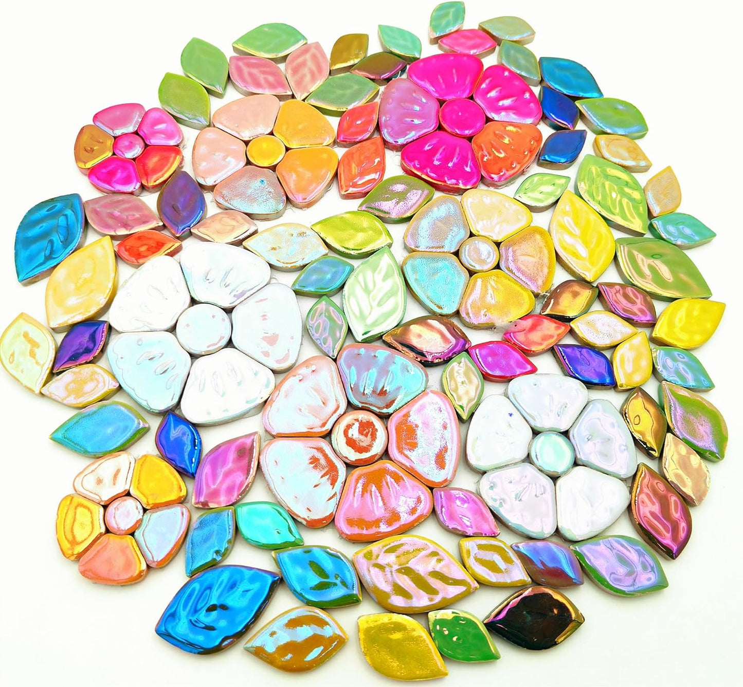 500g/1.1lb Random Color Iridescent Flowers & Leaves Ceramic Mosaic Tiles, DIY Making Creative Mosaic Tiles for DIY Craft Plates Flowerpots Vases Cups Mosaic Making Supplies (Flowers + Leaves)