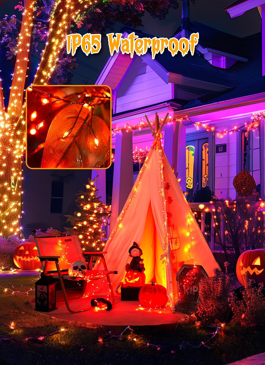 Brightown Orange Lights, 19.6Ft 240 LED Solar Fairy Lights, Halloween Lights Outdoor with 8 Modes, Waterproof Twinkle Fall Light for Patio Yard Trees Party, Black Wire