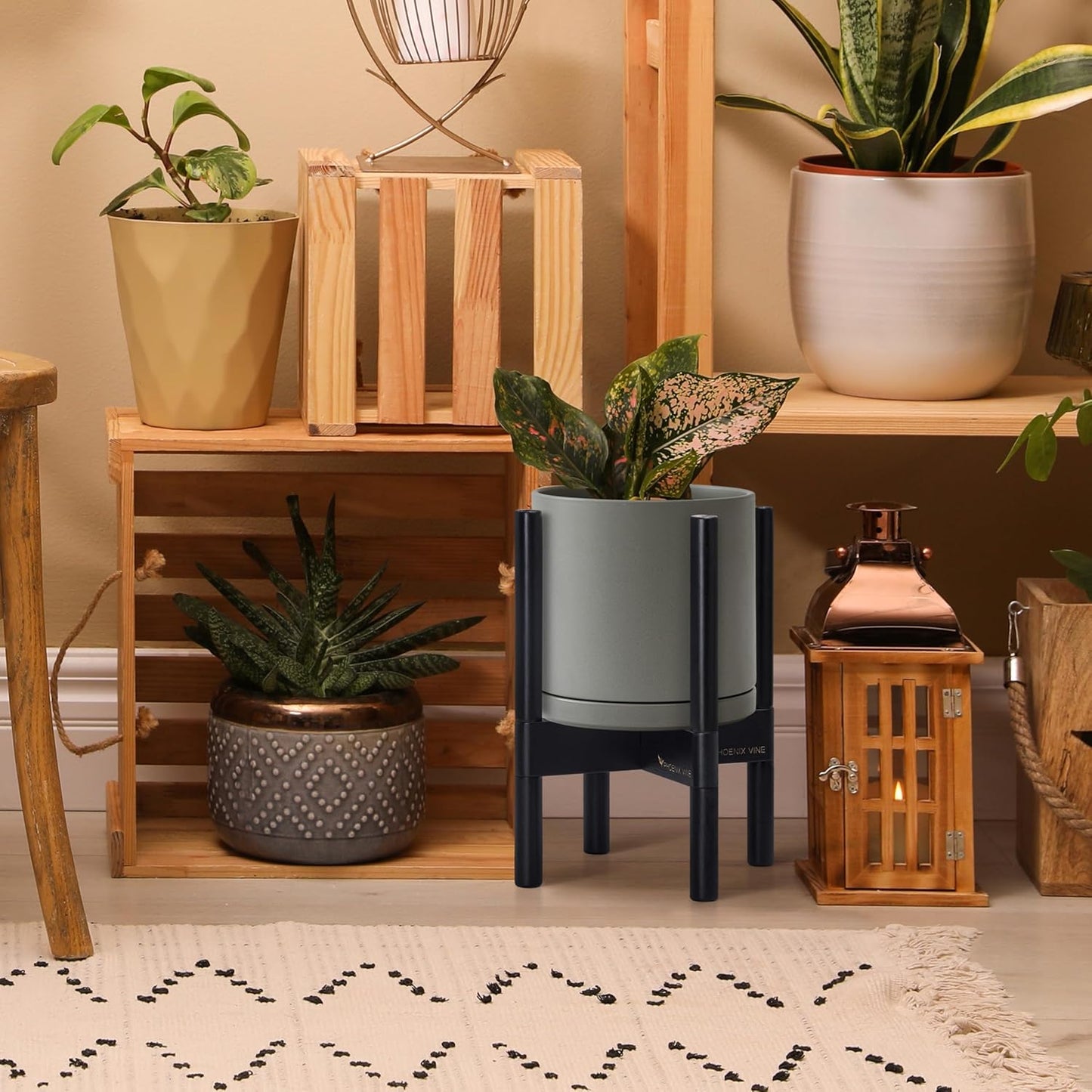 D'vine Dev Ceramic Planter with Ebony Stand - 8 Inch Modern Round Flower Pot with Wood Planter Holder, Grey, 55-B-M-3