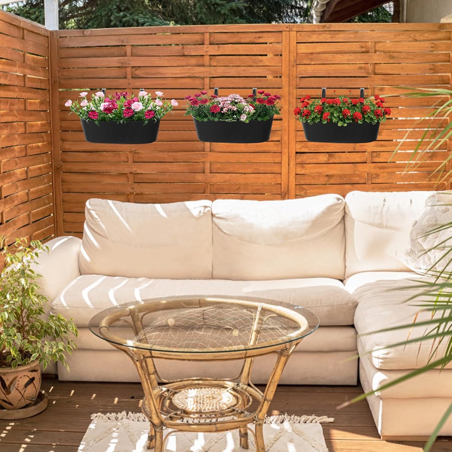 Mkono Metal Railing Planter Box 15.7 Inches 3 Pack Balcony Hanging Planter for Outdoor Plants with Detachable Hooks and Drain Holes Fence Planters for Any Balcony, Porch or Deck (3, Medium)