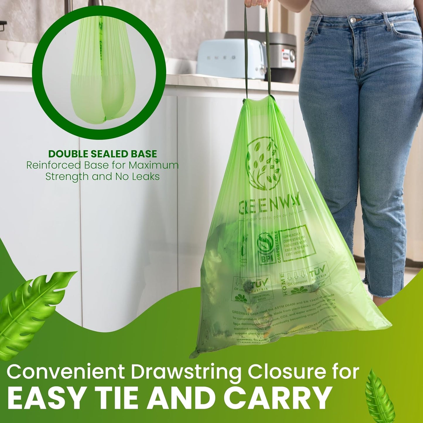 GREENWAY 13 Gallon Compostable Trash Bags Drawstring, 50 Bags, Heavy Duty Extra Thick 0.90 Mil, Tall Kitchen Food Scrap Waste Bags, US BPI and Europe OK Compost Home Certified