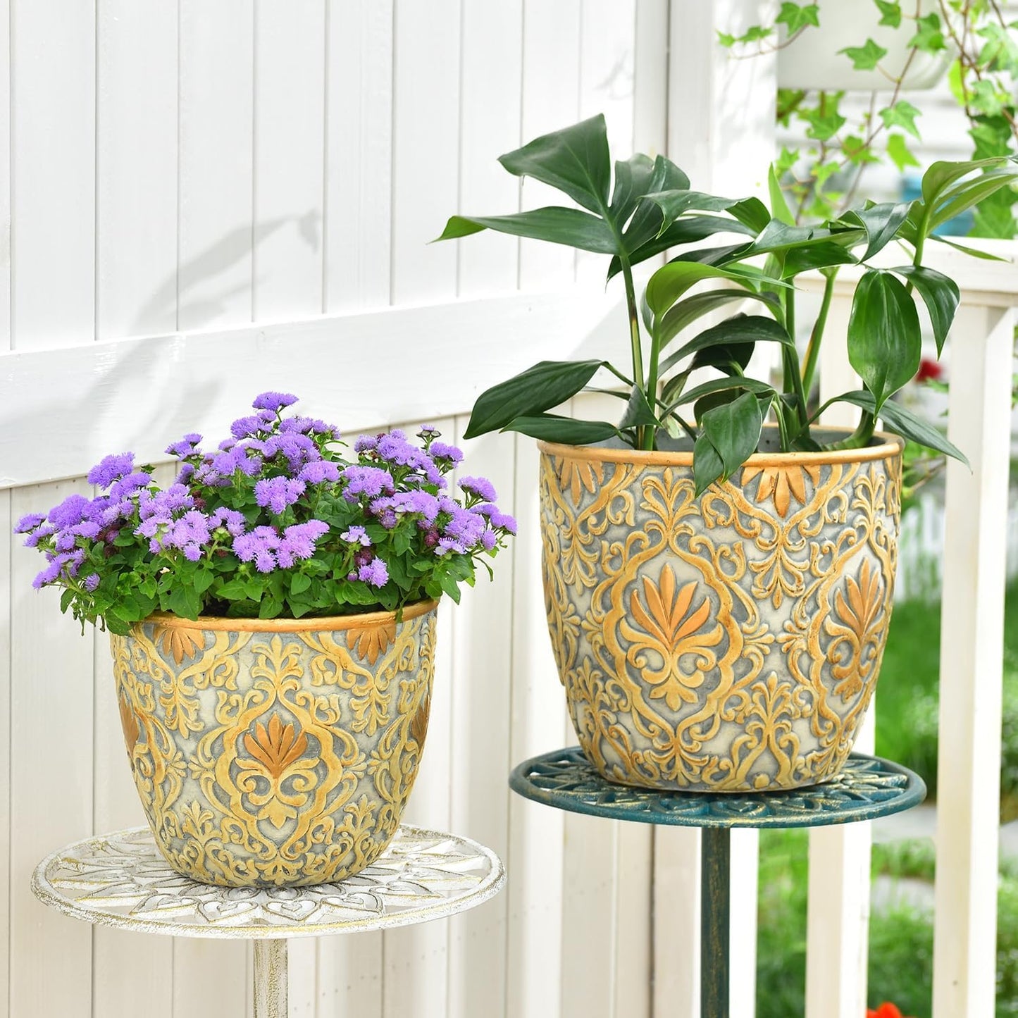 Sungmor Large Heavy Duty Cement Planters, Beautiful Embossed Concrete Garden Pots, 8" & 10" Set of 2 Plant Pots with Drainage Hole, Home Garden Decorative Flower Pots for Indoor Outdoor Plants Floral
