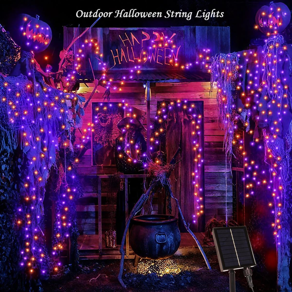 66FT Solar Outdoor Halloween String Lights 200 LED Waterproof Orange and Purple String Lights with Remote for Halloween Tree Garden Backyard Patio Porch