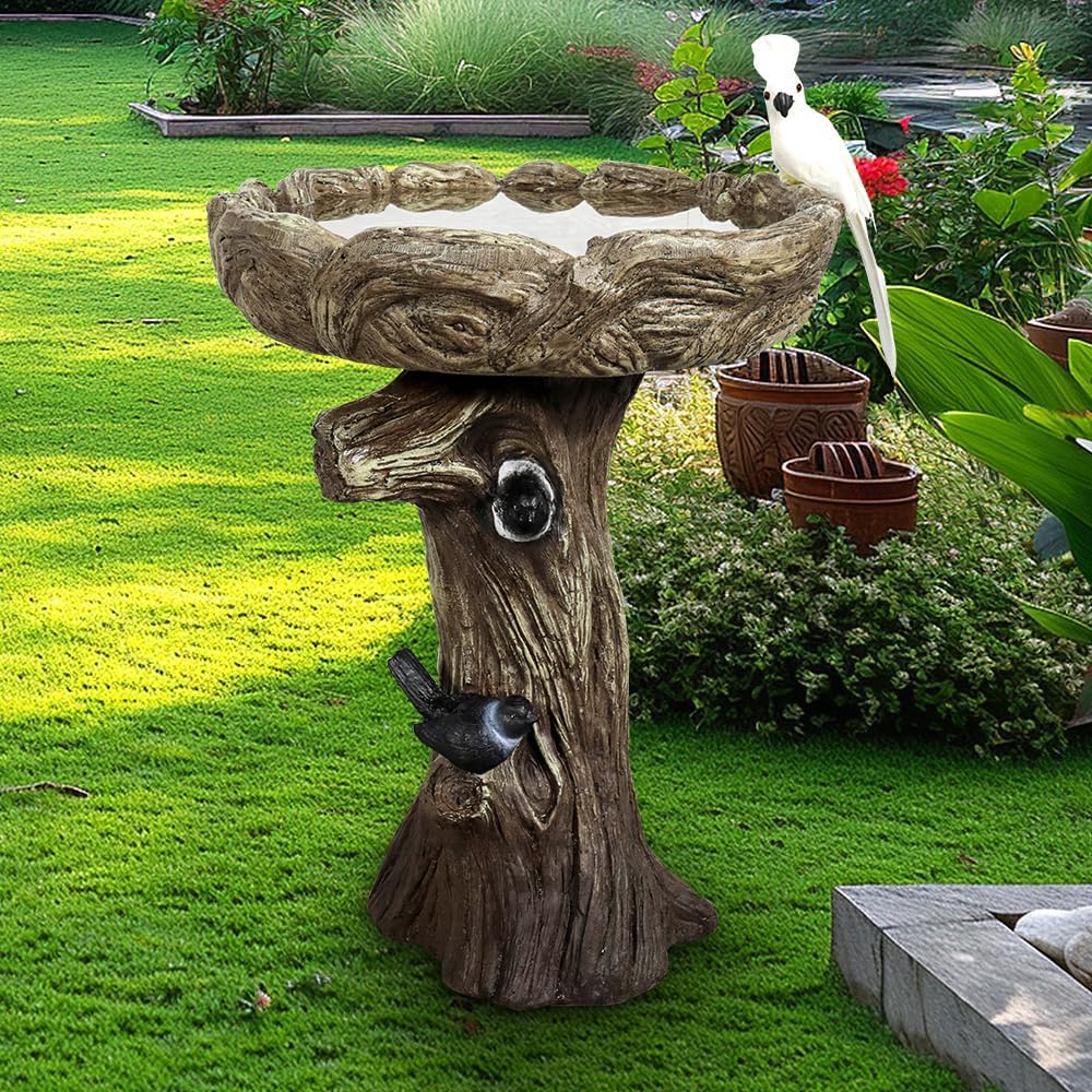 23" H Birdbath for Garden with a Fake Bird Decor - 23" H * 17.7" Φ Freestanding Trunk Like Bird Bath for Outside Patio or Yard Decor