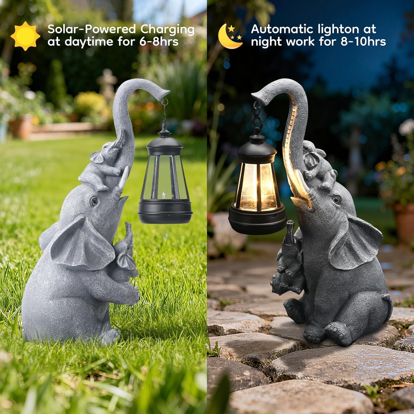 Solar Elephant Garden Lantern Statue Decor - Blessing Guardian, Auto On/Off Weatherproof Resin for Patio, Safari Theme & Good Luck Gift