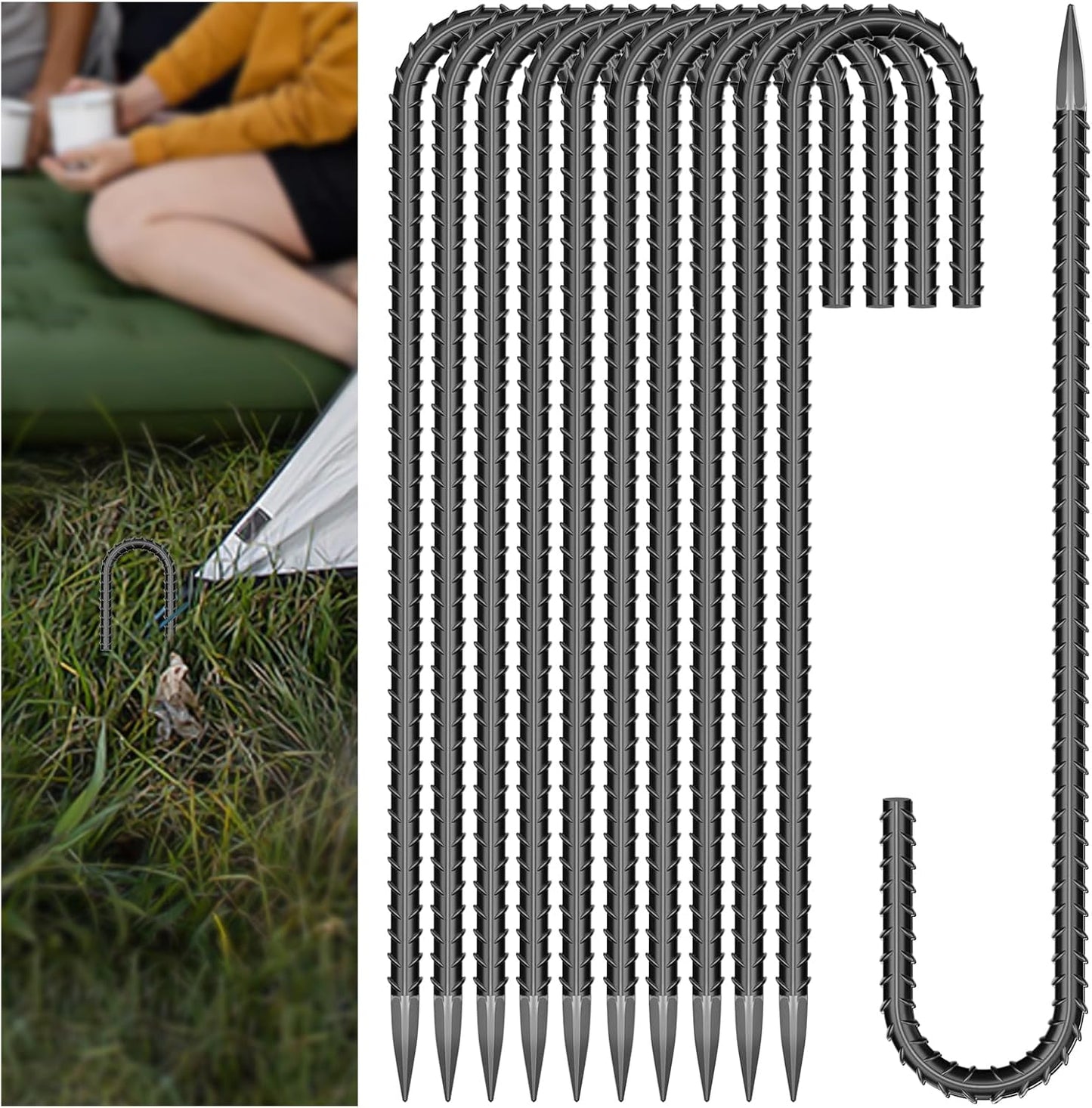 20 Pieces 12 Inch Long 5/16 Inch Diameter Rebar Tent Stakes Heavy Duty, Ground Anchors,Rebar Yard Fence Metal Lawn Bounce House Stakes Heavy Duty, Chain Link Fence J Hooks for Garden Wire Fencing