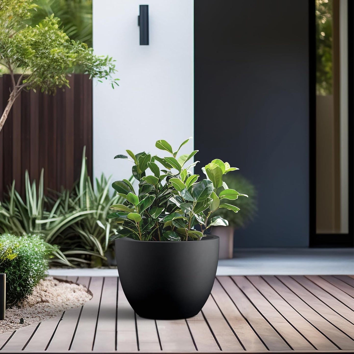 Kante 14.2 Inch Round Concrete Planter - Classic Large Indoor/Outdoor Plant Pot with Drainage Hole and Rubber Plug, Suitable for Gardens and Patios, Black Finish with Warm Brown Interior
