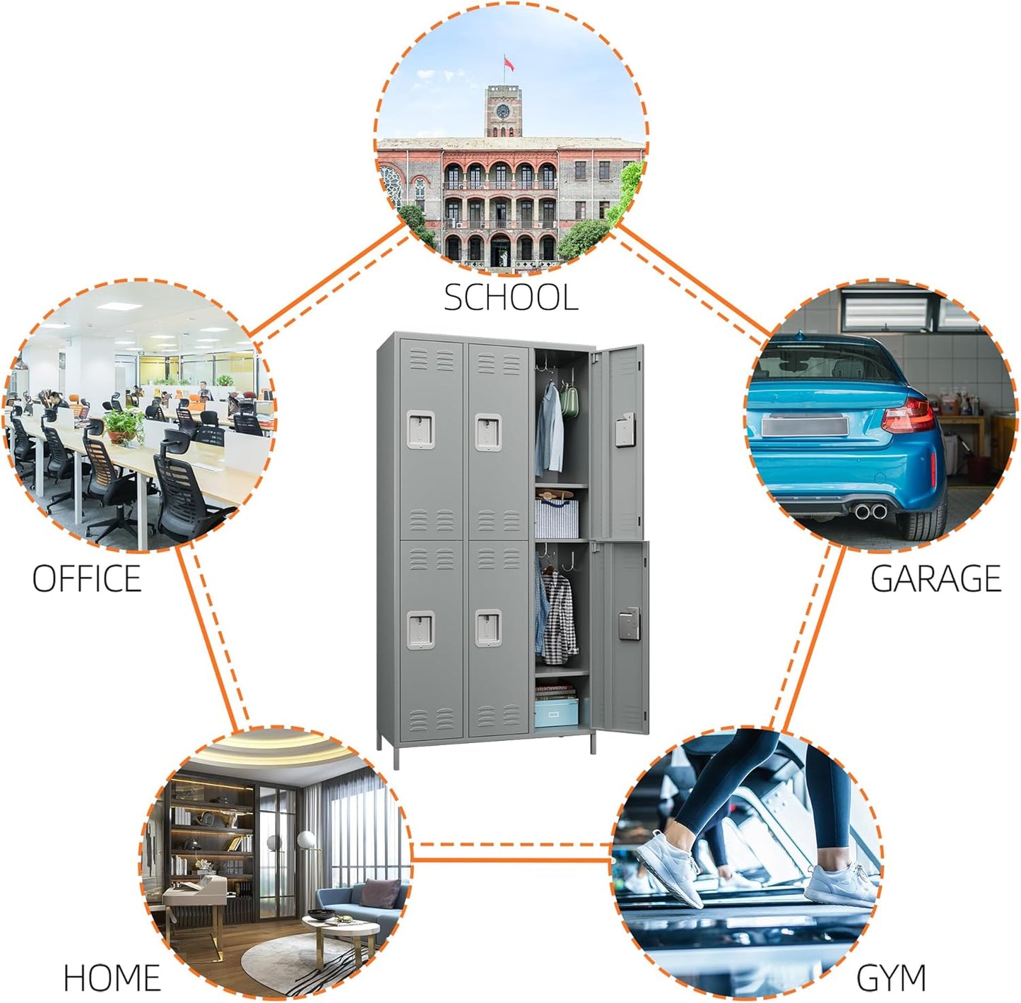 6 Doors Metal Lockers for Employees with 18 Hooks for Offices School Gyms Home,Assembly Required,Light Gray