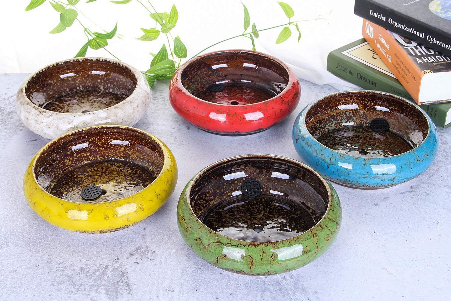 VanEnjoy 7.1 inch Round Large Shallow Succulent Ceramic Glazed Planter Pots with Drainage Hole, Bonsai Pots Garden Decorative Cactus Stand Flower Container (Red)