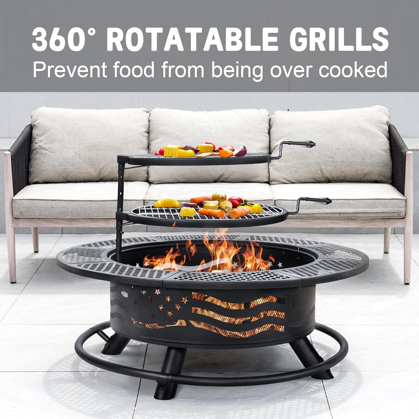 42 Inch Fire Pit with 2 Cooking Grates, Outdoor Wood Burning BBQ Grill Firepit Bowl with Cover Lid, Steel Round Table for Backyard Bonfire Patio Picnic (Black, 42)