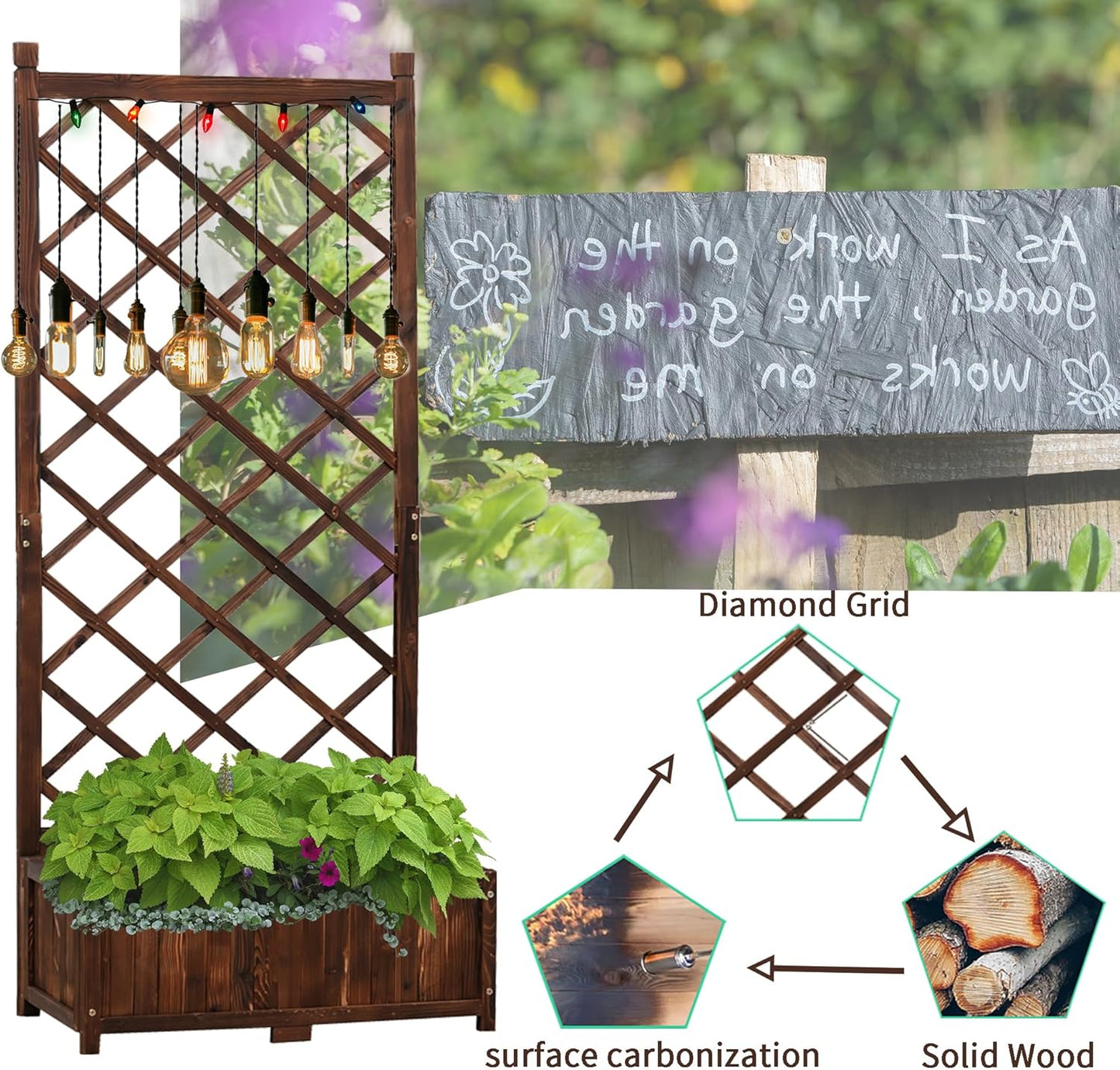 Anraja Raised Garden Bed Planter with Trellis Outdoor Wood Box 67in Flower Standing Planter Box Privacy Lattice Panels with Legs for Patio Porch w/Drainage Holes 29.5" L x 17.0" W x 67.0" H