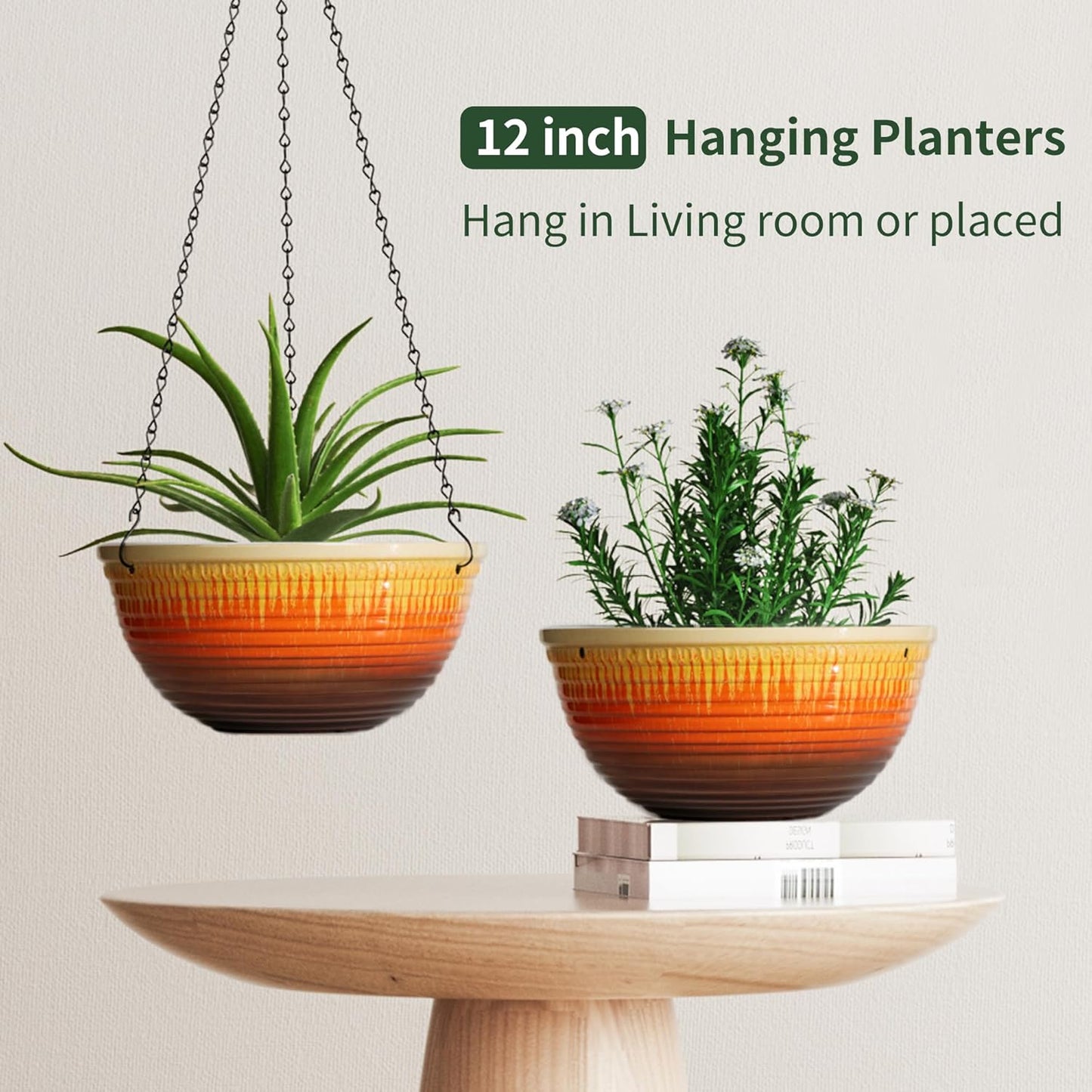 12 inch Large Hanging Planters for Indoor Outdoor Plants, Set of 2 Glazed Hanging Flower Pots with Drainage Hole, Hanging Baskets for Garden Home Porch Decor