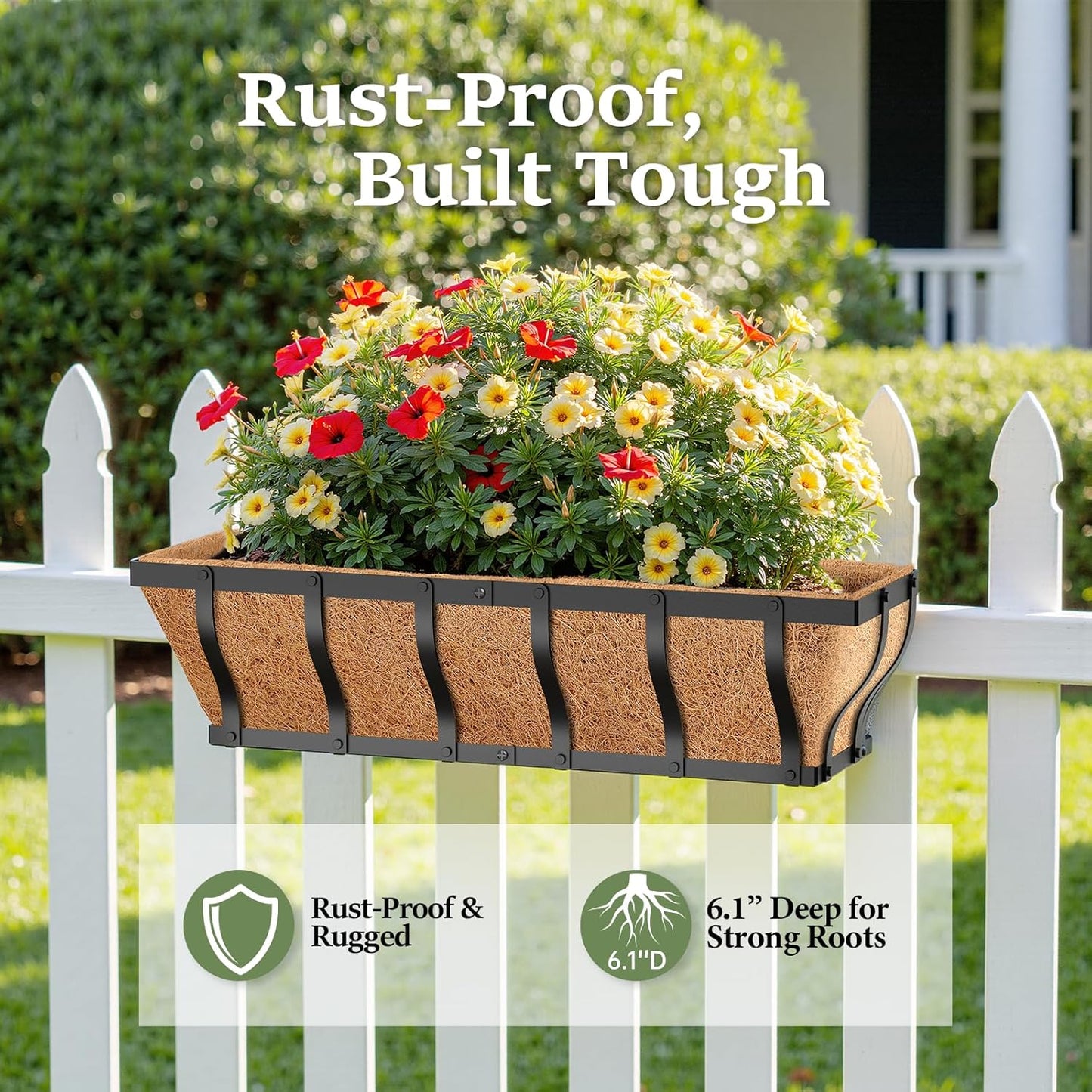 Railing Planter Boxes, Heavy Duty Window Box Planters, Adjustable Balcony Planters for Railing Hanging, with Coco Liner & Support Rod for Deck, Porch, and Patio Gardening (3 Pack, 24 Inch)