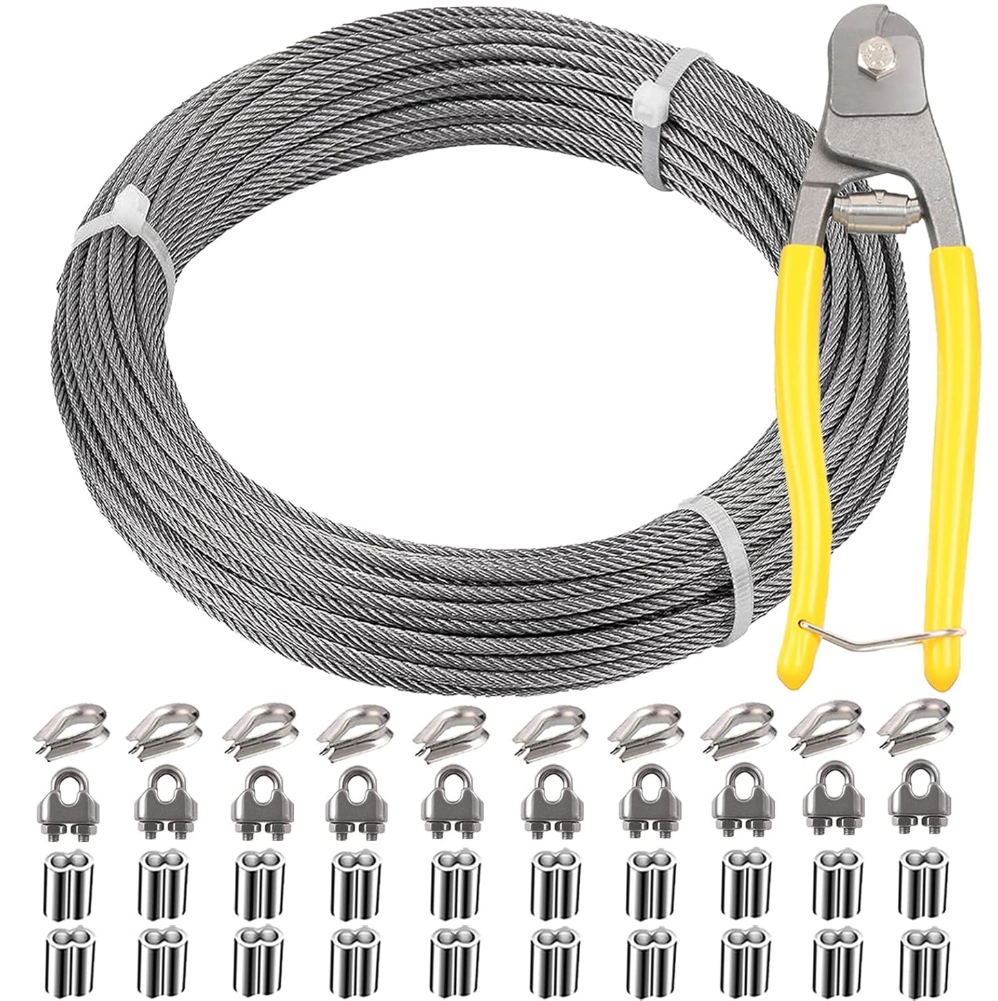 1/8 Inch Stainless Steel Wire Rope Kit, 7x7 Strands, 165 ft Length, With Cable Cutters, Sleeves, Thimbles, Clips, For Climbing Plants, Deck Railing, Fencing, Outdoor Hanging