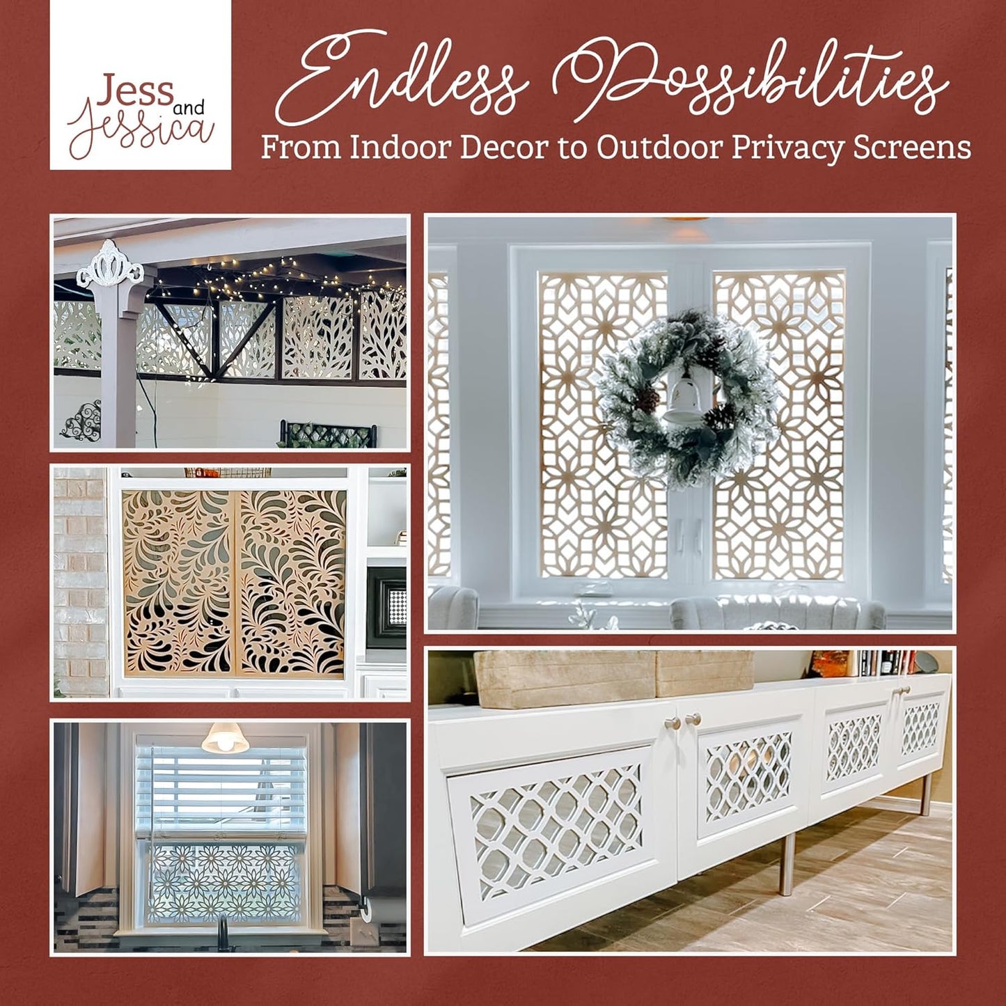 Jess and Jessica Lattice Panels-Decorative Wood Panels, Wood Lattice Panels for Outside, Privacy Screen for Patio Outdoor, Window, Cabinets, Fretwork Wall Panels- Custom Size Lattice Panel Screen