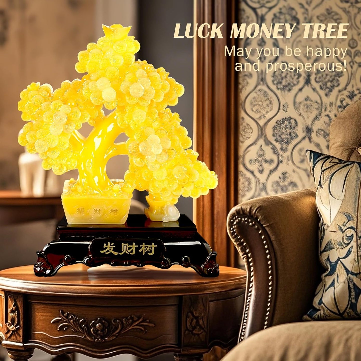 FENGSHUI-CAISHEN Top Resin Money Tree, Artificial Bonsai Tree, Handcrafted, Premium Quality, Feng Shui Gift for Abundance Luck and Success (Yellow)