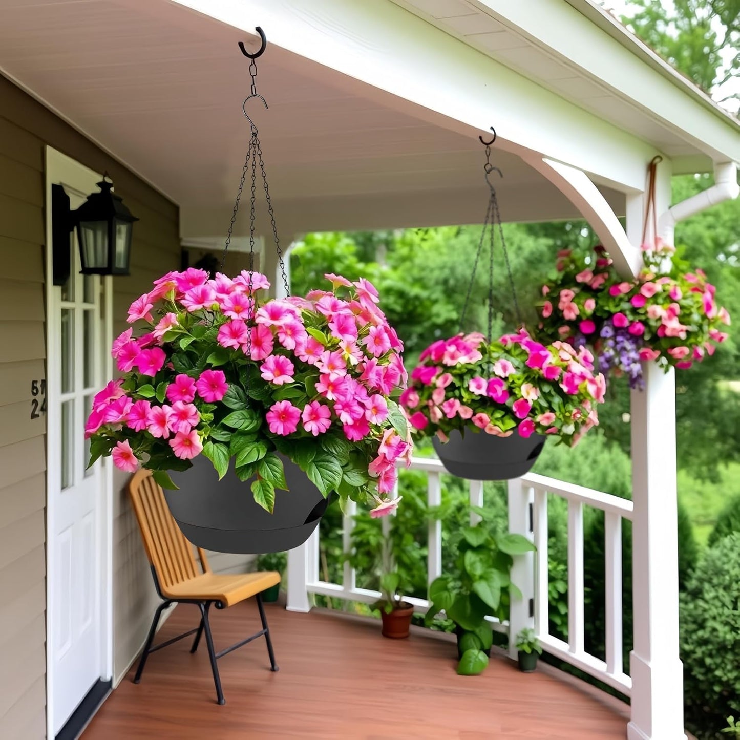 2 Pack 12 Inch Large Hanging Planters with Chains Self Watering Black Plastic Hanging Pots for Indoor Outdoor Plants, Garden Porch Home Decor，Black