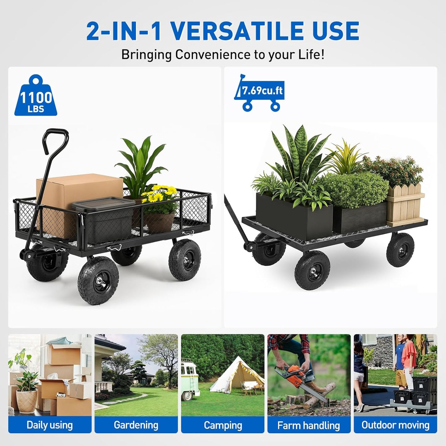 Yesker Steel Garden Carts - 1100lbs Dump Wagon with All Terrain Inflatable Wheels for Yard Lawn Farms Gardening - Heavy Duty Utility Outdoor Hauling Wheelbarrow