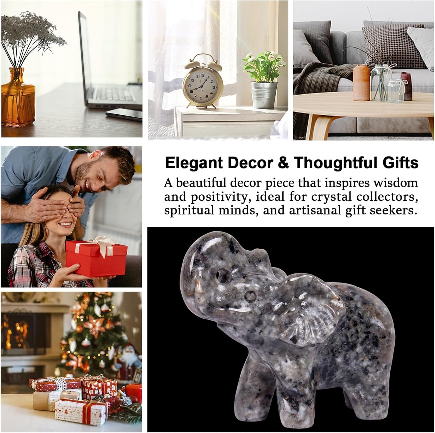 2 Inch Yooperlite Crystal Elephant Sculpture Handcrafted Healing Stone Animal Figurine Spiritual Home Decor Lucky Charm Gift for Wealth Success Positive Energy and Meditation Lovers