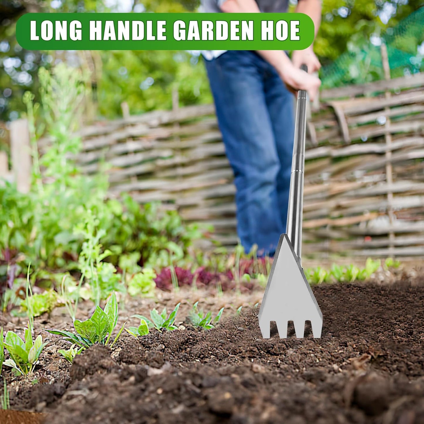 Dual Headed Hoe Garden Tool, 29.5"-57.7" Adjustable Long Handle Weed Puller Tool, Stainless Steel Hoe Cultivator and Weed Rake Gardening Tool, for Gardening Planting, Weeding, Digging, Loosening Soil