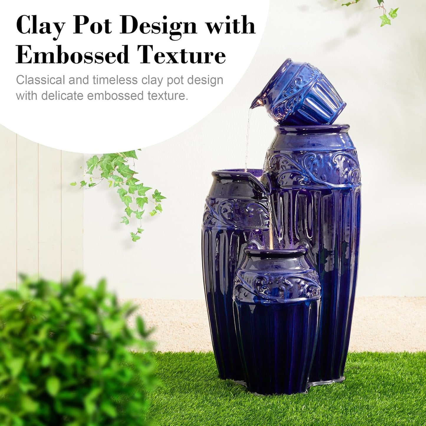 Glitzhome 35.5" H Oversized Outdoor Water Fountain with LED Lights and Pump, 4 Tier Cobalt Blue Embossed Pattern Ceramic Pots Cascading Floor Standing Fountain for Porch Deck Garden Patio Backyard