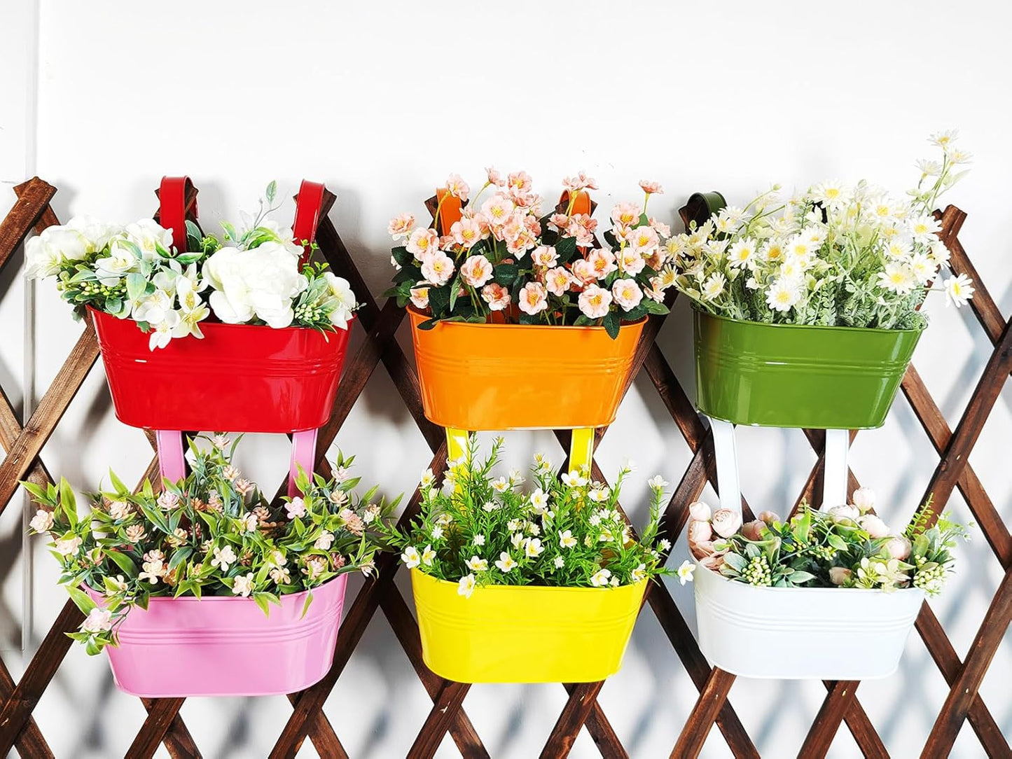 6 Pcs Railing Planter, 10" Metal Hanging Flower Pots for Outdoor Balcony Rails, Fence Pot Hanging Plant Holders with Detachable Hooks for Garden Patio Yard Decor (Multi-Color, 6Pcs)