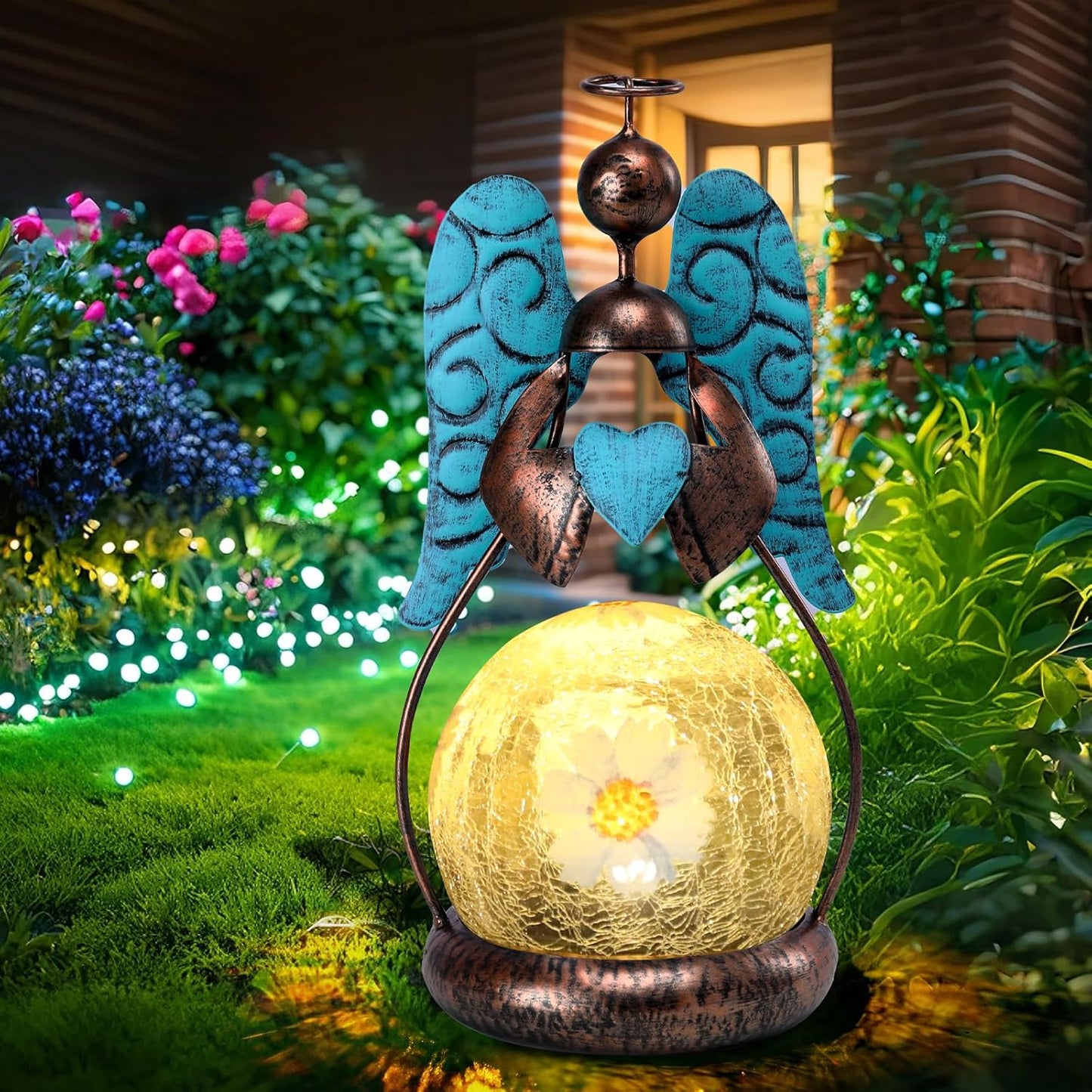 MUMTOP Angel Solar Lights Outdoor Garden - Solar Lanterns Light Decorative Waterproof with Glass Cracked Globe Tabletop Lantern Lamp Ornaments for Yard Patio Decor Gift (Hold Heart)