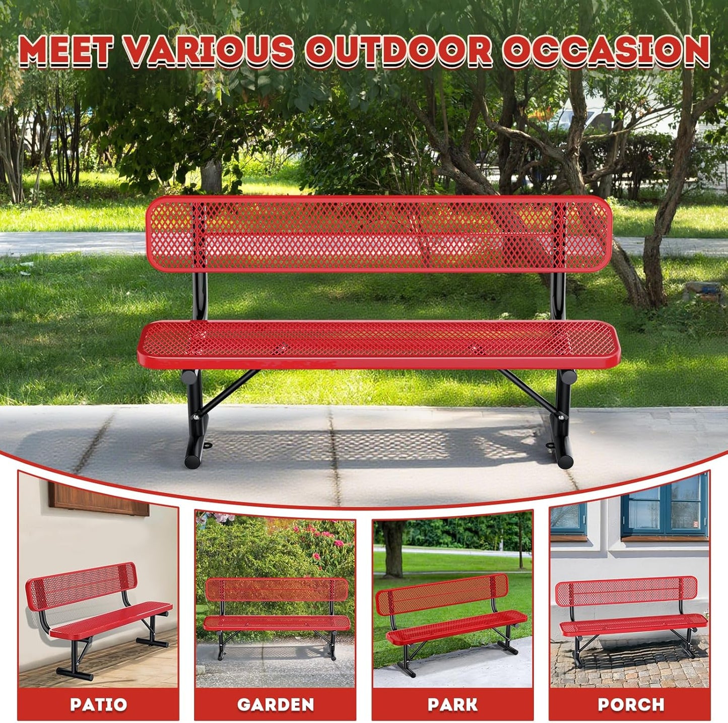 6Ft Heavy Duty Park Bench with Back Portable Frame, Outdoor Steel Bench with Backrest, Expanded Metal Mesh Bench for Lawn, Park, Deck, Garden, Patio, Porch, Red