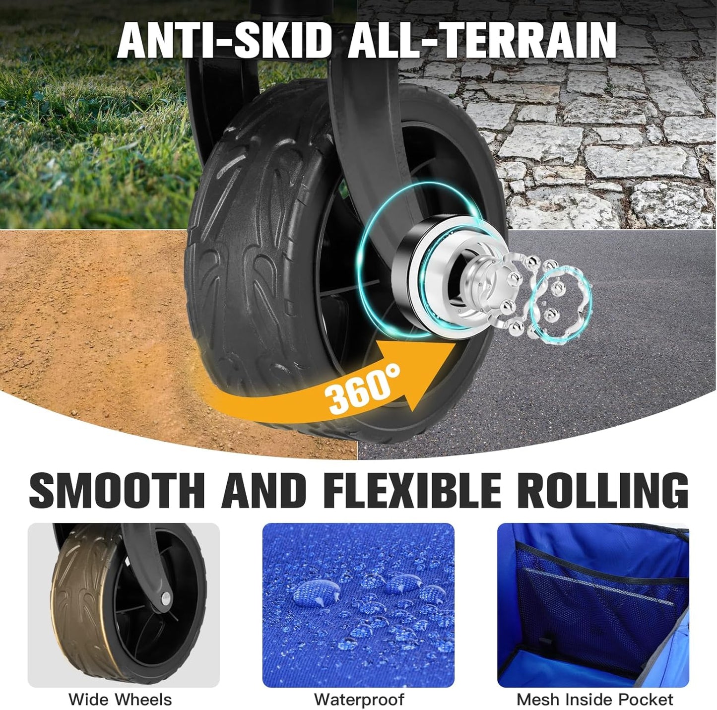 Wagon Cart Shopping Foldable Folding Collapsible with Wheels Big On Beach Garden Outdoor Grocery Heavy Duty Utility All Terrain Portable Wagons Carts for Groceries Sand Camping Sports Blue