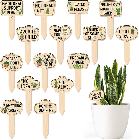 Huray Rayho Funny Wooden Plant Markers for Succulent Flowers Greenery Plants Tags 15-Pack Waterproof Wood Plant Labels Outdoor Indoor Patio Supplies Garden Stakes for Potted Plant Novelty Gifts
