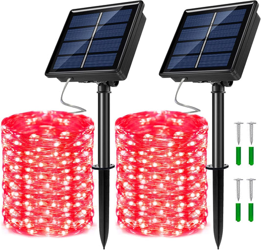 2 Pack Solar Powered Fairy String Lights Outdoor Waterproof 8 Modes Twinkle Christmas Decorations Lights, Each 33ft-100LED, 40ft-120LED, 66ft-200LED, 80ft-240LED, (Red, 66)